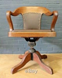 Antique Golden Oak & Brown Leather Office Swivel & Tilt Armchair Captains Chair