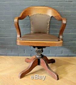 Antique Golden Oak & Brown Leather Office Swivel & Tilt Armchair Captains Chair