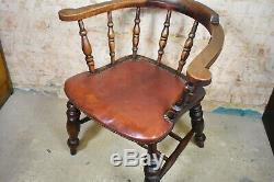 Antique Oak Smokers Bow Armchair Office Desk Captain's Chair Leather Seat