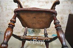 Antique Oak Smokers Bow Armchair Office Desk Captain's Chair Leather Seat