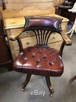 Antique Office Captains Chair With Button Seat Studded Leather And Wood