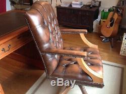 Antique Style Desk Chair, Swivel, Study, Solid Wood, Leather, Buttoned, Castors