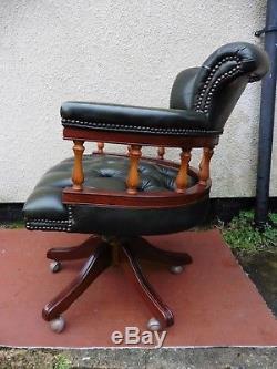 Antique Style Green Leather Office Chair, Swivel Action, Chesterfield Buttoned