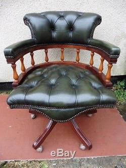Antique Style Green Leather Office Chair, Swivel Action, Chesterfield Buttoned