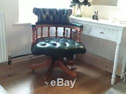 Antique Style Green Leather Swivel Office Captains Chair