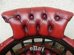 Antique Style Mahogany Red Leather Captain Office Chair, Swivel Tilt Action Tidy