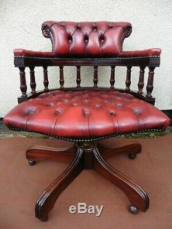 Antique Style Mahogany Red Leather Captain Office Chair, Swivel Tilt Action Tidy