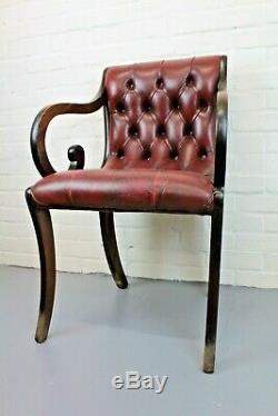 Antique Style Mahogany & Red Leather Chesterfield Library Office Chair Armchair