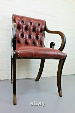 Antique Style Mahogany & Red Leather Chesterfield Library Office Chair Armchair
