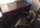 Antique Style Pedestal Office Desk And Antique Green Chesterfield Captains Chair