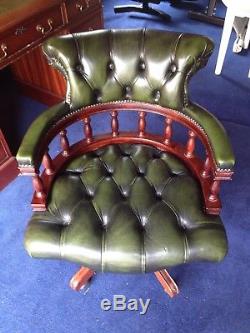 Antique Style Pedestal Office Desk And Antique Green Chesterfield Captains Chair