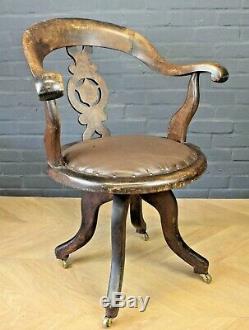 Antique Victorian Elm Beech, Brown Leather Office Swivel Armchair Captains Chair