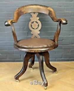 Antique Victorian Elm Beech, Brown Leather Office Swivel Armchair Captains Chair
