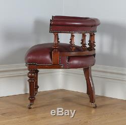 Antique Victorian Oak Burgundy Red Leather Office Desk Library Captains Armchair