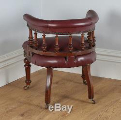 Antique Victorian Oak Burgundy Red Leather Office Desk Library Captains Armchair