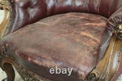 Antique Victorian Walnut & Maroon Buttoned Leather Library Office Chair Armchair