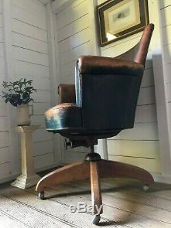 Antique Vintage Hillcrest Leather Office Captains Swivel Chair Height Adj Del Ex