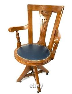 Antique Wooden Oak & Leather Revolving Captains Office Desk Chair 1920s