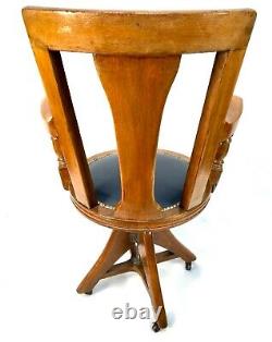 Antique Wooden Oak & Leather Revolving Captains Office Desk Chair 1920s