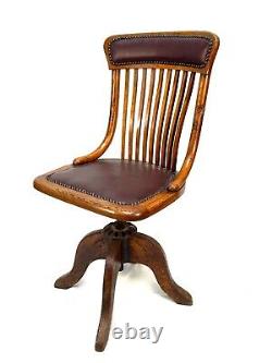 Antique Wooden Oak & Leather Revolving Office Desk Chair by D Mathews & Son