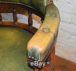 Antique chesterfield captains swivel office chair wooden desk vintage leather
