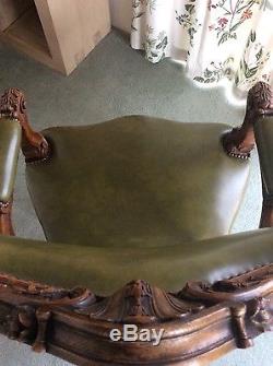 Antique gentlemans office/study, green leather decorative chair. 1900's