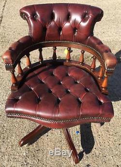 Antique style Captain's swivel red leather armchair ruby wine office desk
