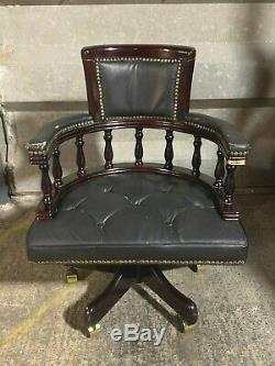 Antique style black leather chesterfield captains chair office bow swivel desk