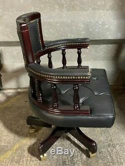 Antique style black leather chesterfield captains chair office bow swivel desk