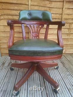 Antique style green leather swivel office chair captains chair with castors