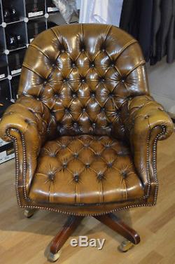 Artforma Chesterfield Antique Brown Leather Captains Chair Good Condition