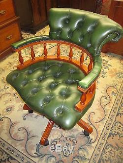 Button Back Green Leather Captain's Desk Chair In'yew' By Winchester Furniture