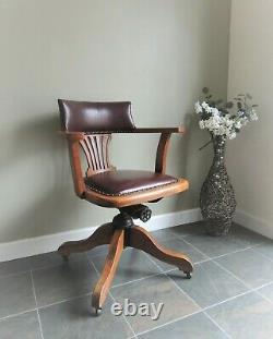 Beautiful Antique Victorian Captains Office Swivel Chair Oak and Leather