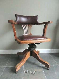 Beautiful Antique Victorian Captains Office Swivel Chair Oak and Leather