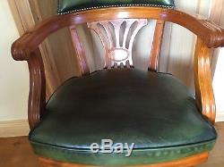 Beautiful Carved Green Leather Chesterfield Style Captain's Office Swivel Chair