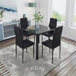 Black Glass Dining Table and 4 Padded Chairs Sets Office Home Kitchen Furniture
