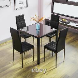 Black Glass Dining Table and 4 Padded Chairs Sets Office Home Kitchen Furniture
