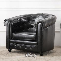 Black Leather Tub Chair Chesterfield Armchair Dining Living Room Lounge Office