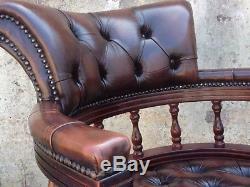 Brown Leather Chesterfield Captains Swivel Office Chair Tilt & Height Adjust