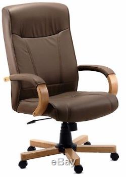 Brown Leather Light Oak Wood Executive Managers Swivel Office Chair Richmond