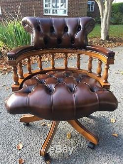 Brown Leather Swivel Chesterfield Captain Office Chair Excellent Condition