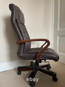 Brown executive office chair leather used wooden arm rests