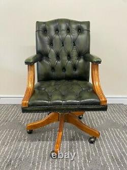Button Back Green Leather Swivel Office Chesterfield Style Captains Chair