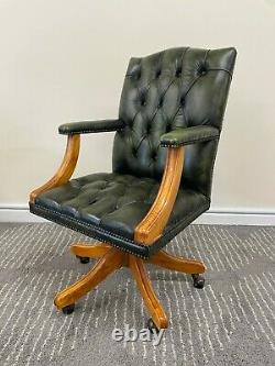 Button Back Green Leather Swivel Office Chesterfield Style Captains Chair