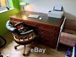 Captains Chair Desk Bankers Lamp Green Leather Antique Office Retro Wooden