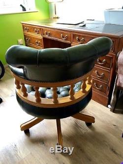 Captains Chair Desk Bankers Lamp Green Leather Antique Office Retro Wooden