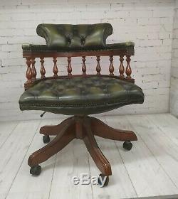 Chesterfield Antique Green Luxury Captains Chair Leather Vintage Swivel & Tilt