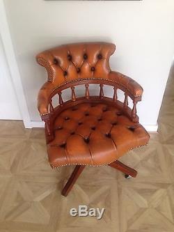 Chesterfield Captains Chair / Office Armchair / Tan Brown Leather Vintage