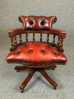 Chesterfield Captains Chair Red Leather Buttoned Antique Style Office Chair
