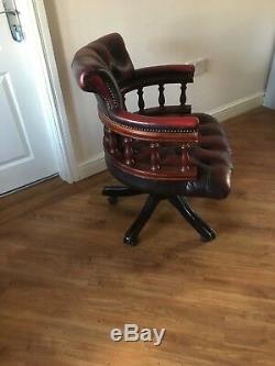Chesterfield Deep Red Leather Captain's Chair Dark Wood Swivel Seat Office